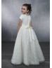 Short Sleeves Pearl Neck Ivory Satin Floral Lace Flower Girl Dress